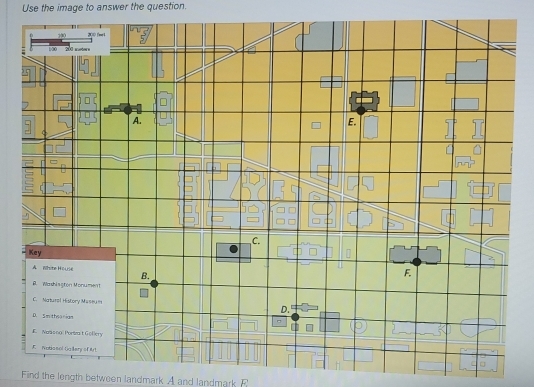 Use the image to answer the question. 
Find the length between landmark A and landmark F