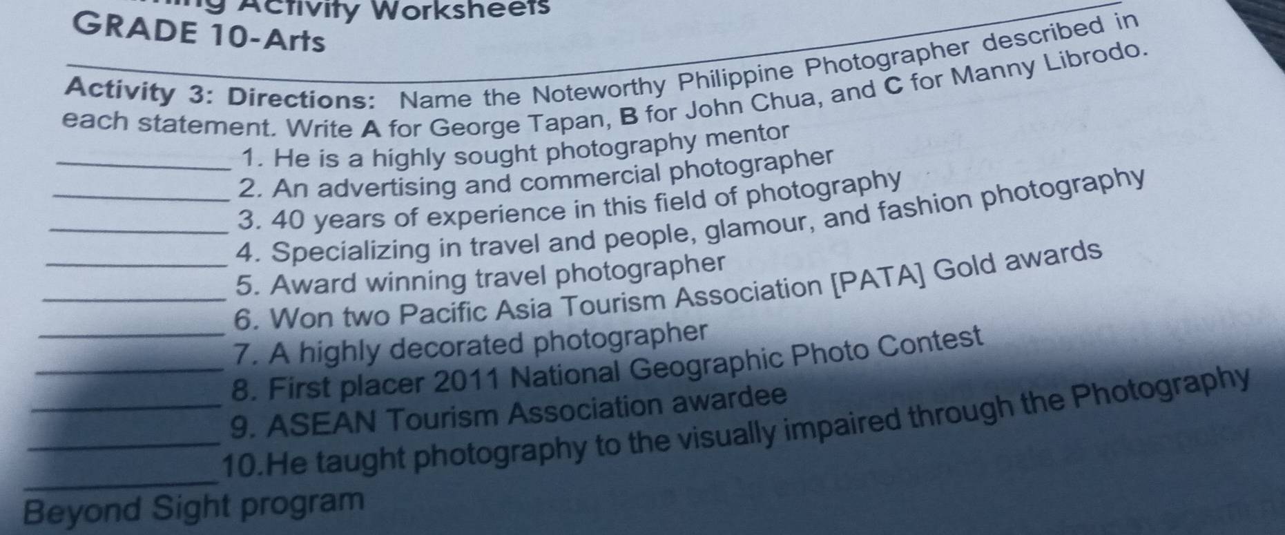 Activity Worksheets 
GRADE 10-Arts 
Activity 3: Directions: Name the Noteworthy Philippine Photographer described in 
each statement. Write A for George Tapan, B for John Chua, and C for Manny Librodo. 
1. He is a highly sought photography mentor 
_2. An advertising and commercial photographer 
_3. 40 years of experience in this field of photography 
4. Specializing in travel and people, glamour, and fashion photography 
5. Award winning travel photographer 
_6. Won two Pacific Asia Tourism Association [PATA] Gold awards 
_7. A highly decorated photographer 
_8. First placer 2011 National Geographic Photo Contest 
9. ASEAN Tourism Association awardee 
_ 
_10.He taught photography to the visually impaired through the Photography 
Beyond Sight program