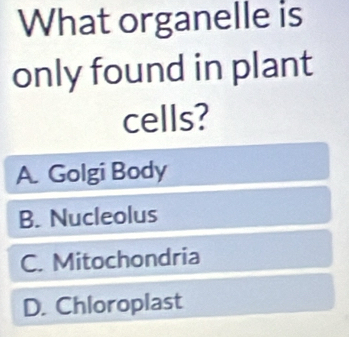 What organelle is
only found in plant
cells?
A. Golgi Body
B. Nucleolus
C. Mitochondria
D. Chloroplast