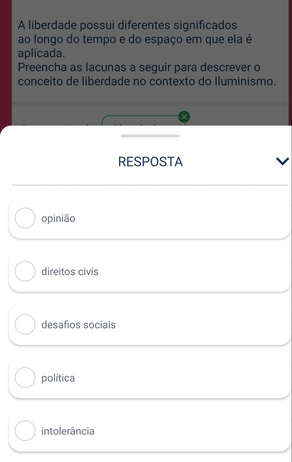 A liberdade possui diferentes significados
ao longo do tempo e do espaço em que ela é
aplicada.
Preencha as lacunas a seguir para descrever o
conceito de liberdade no contexto do Iluminismo.
RESPOSTA
opinião
direitos civis
desafios sociais
política
intolerância