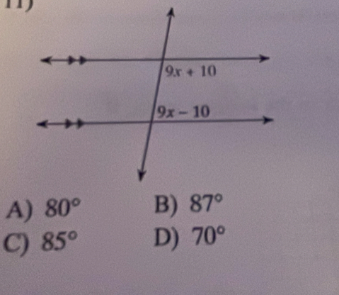 A) 80° B) 87°
C) 85° D) 70°