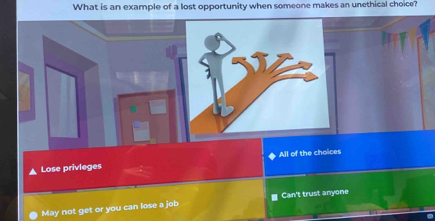 What is an example of a lost opportunity when someone makes an unethical choice?

Lose privleges All of the choices
May not get or you can lose a job ■ Can't trust anyone