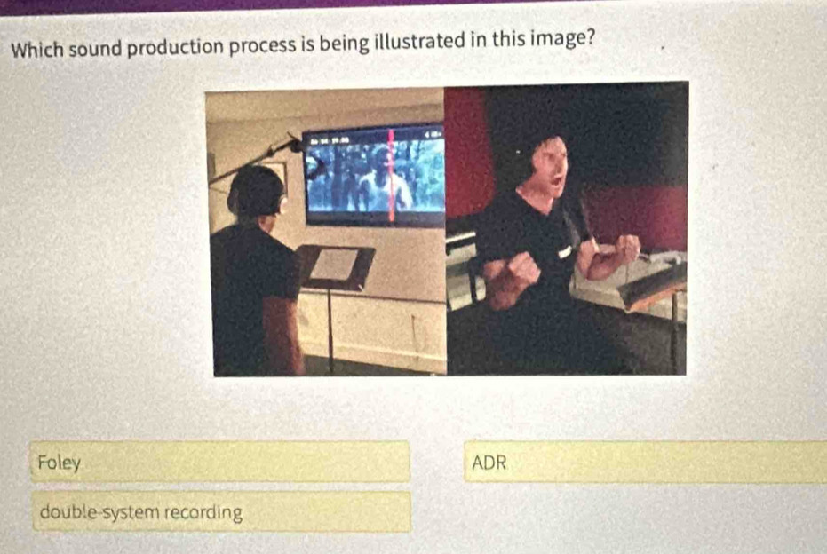 Which sound production process is being illustrated in this image?
Foley ADR
double-system recording