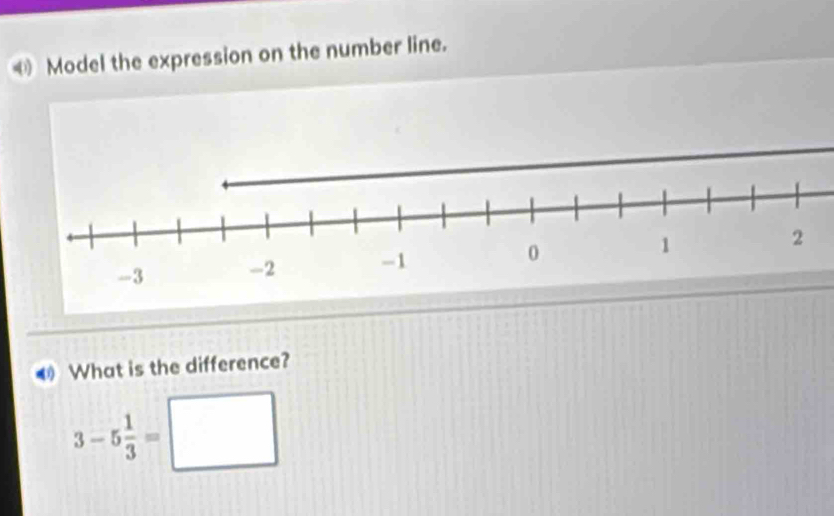 Model the expression on the number line. 
What is the difference?
3-5 1/3 =□