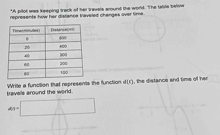 A pilot was keeping track of her travels around the world. The table below 
represents how her distance traveled changes over time. 
Write a function that represents the function d(t) , the distance and time of her 
travels around the world.
d(t)=□
f