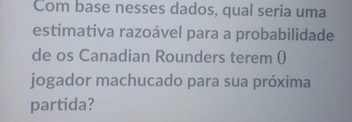 Com base nesses dados, qual seria uma 
estimativa razoável para a probabilidade 
de os Canadian Rounders terem () 
jogador machucado para sua próxima 
partida?