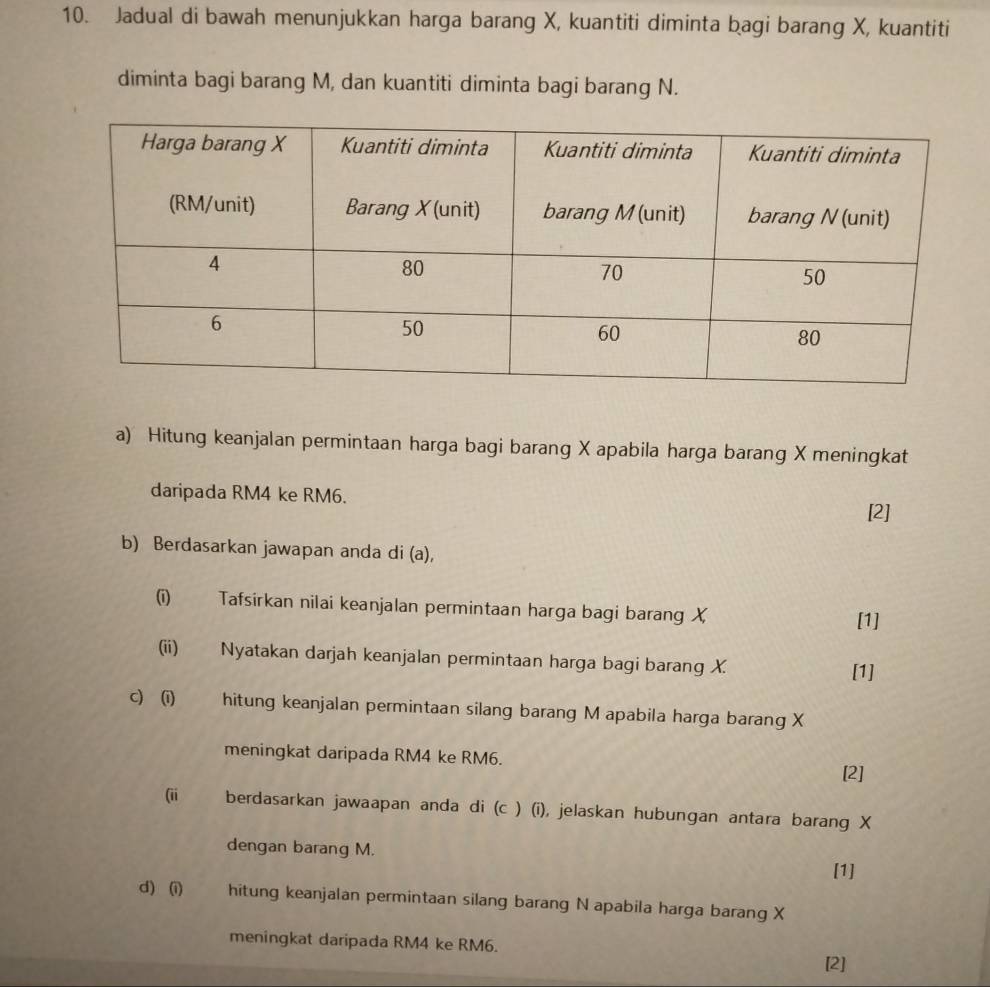 Jadual di bawah menunjukkan harga barang X, kuantiti diminta bagi barang X, kuantiti 
diminta bagi barang M, dan kuantiti diminta bagi barang N. 
a) Hitung keanjalan permintaan harga bagi barang X apabila harga barang X meningkat 
daripada RM4 ke RM6. [2] 
b) Berdasarkan jawapan anda di (a), 
(i) Tafsirkan nilai keanjalan permintaan harga bagi barang X [1] 
(ii) Nyatakan darjah keanjalan permintaan harga bagi barang X
[1] 
c) (i) hitung keanjalan permintaan silang barang M apabila harga barang X
meningkat daripada RM4 ke RM6. 
[2] 
(ii berdasarkan jawaapan anda di (c ) (i), jelaskan hubungan antara barang X
dengan barang M. [1] 
d) (i) hitung keanjalan permintaan silang barang N apabila harga barang X
meningkat daripada RM4 ke RM6. 
[2]