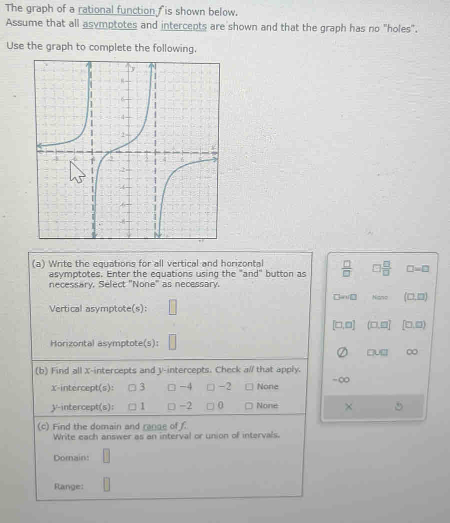 The graph of a rational function fis shown below.
Assume that all asymptotes and intercepts are shown and that the graph has no "holes".
Use the graph to complete the following.
(a) Write the equations for all vertical and horizontal
asymptotes. Enter the equations using the "and" button as  □ /□   □  □ /□   □ =□
necessary, Select "None" as necessary.
□ ani□ Niano (□ ,□ )
Vertical asymptote(s): □
[□ ,□ ] (□ ,□ ] [□ ,□ )
Horizontal asymptote(s):
EMGI
(b) Find all x-intercepts and y-intercepts. Check a// that apply.
-∞
x-intercept(s): 3 □ -4 -2 None
y-intercept(s): 1 -2 0 None × (7) 
(c) Find the domain and range of f.
Write each answer as an interval or union of intervals.
Domain:
Range: