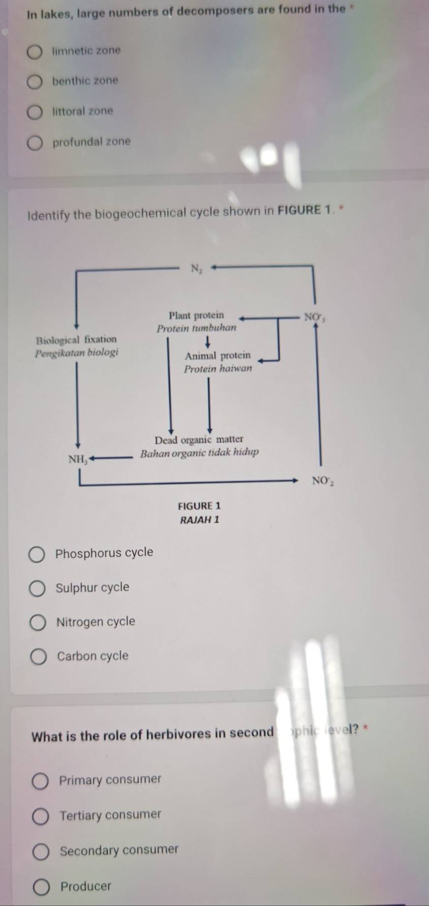 In lakes, large numbers of decomposers are found in the *
limnetic zone
benthic zone
littoral zone
profundal zone
Identify the biogeochemical cycle shown in FIGURE 1. *
Phosphorus cycle
Sulphur cycle
Nitrogen cycle
Carbon cycle
What is the role of herbivores in second phic level?*
Primary consumer
Tertiary consumer
Secondary consumer
Producer