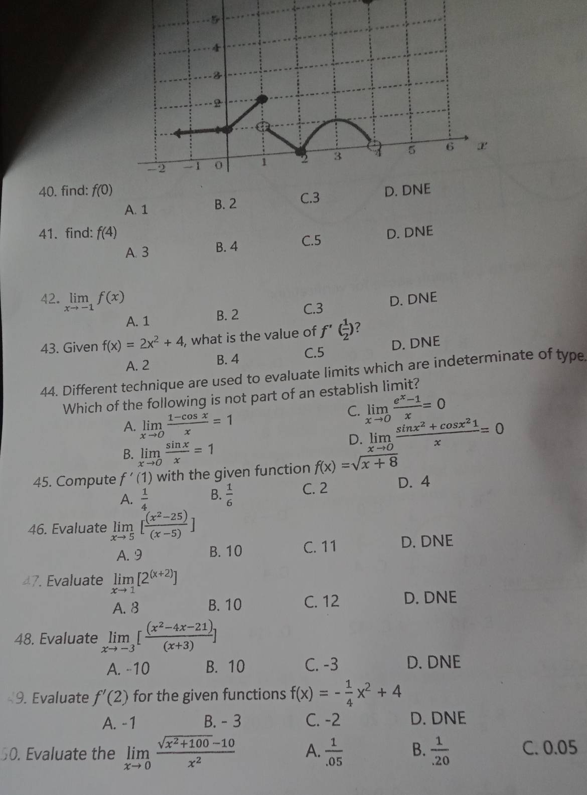 find: f(0)
A. 1 B. 2
C.3
41. find: f(4) D. DNE
A. 3 B. 4
C.5
42. limlimits _xto -1f(x) D. DNE
A. 1 B. 2
C.3
43. Given f(x)=2x^2+4 , what is the value of f'( 1/2 ) ?
D. DNE
A. 2 B. 4
C.5
44. Different technique are used to evaluate limits which are indeterminate of type
Which of the following is not part of an establish limit?
A. limlimits _xto 0 (1-cos x)/x =1
C. limlimits _xto 0 (e^x-1)/x =0
D. li limlimits _to 0 (sin x^2+cos x^21)/x =0
B. limlimits _xto 0 sin x/x =1
45. Compute f'(1) with the given function f(x)=sqrt(x+8)
B.
A.  1/4   1/6 
C. 2 D. 4
46. Evaluate limlimits _xto 5[ ((x^2-25))/(x-5) ]
A. 9 B. 10 C. 11
D. DNE
7. Evaluate limlimits _xto 1[2^((x+2))]
A. 8 B. 10 C. 12 D. DNE
48. Evaluate limlimits _xto -3[ ((x^2-4x-21))/(x+3) ]
A. -10 B. 10 C. -3 D. DNE
9. Evaluate f'(2) for the given functions f(x)=- 1/4 x^2+4
A. -1 B. - 3 C. -2 D. DNE
A. C. 0.05
B.
0. Evaluate the limlimits _xto 0 (sqrt(x^2+100)-10)/x^2   1/.05   1/.20 