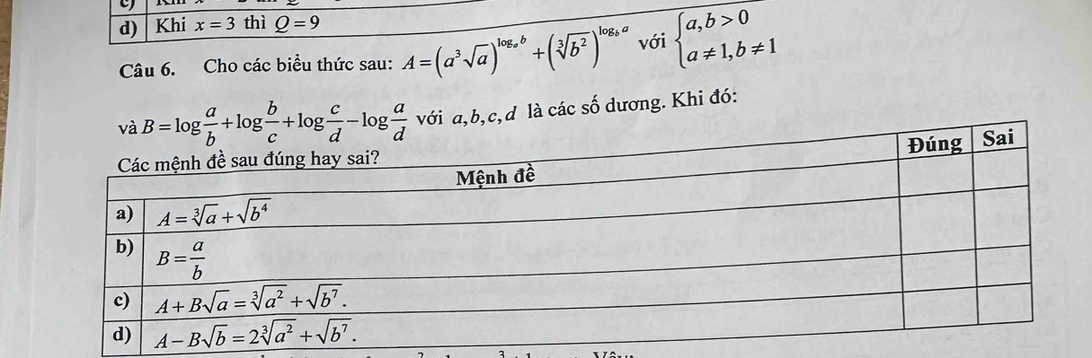 Khi x=3 thì Q=9
Câu 6. Cho các biểu thức sau: A=(a^3sqrt(a))^log _ab+(sqrt[3](b^2))^log _ba với beginarrayl a,b>0 a!= 1,b!= 1endarray.
với a,b,c,d là các số dương. Khi đó: