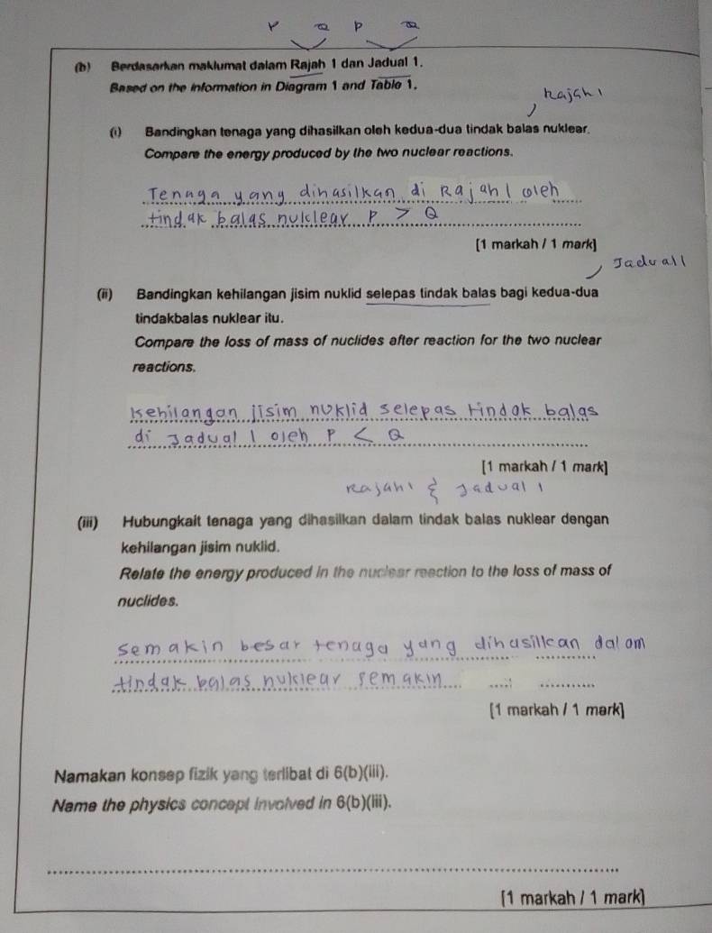 Berdasarkan maklumat dalam Rajah 1 dan Jadual 1. 
Based on the information in Diagram 1 and Tablo1. 
(i) Bandingkan tenaga yang dihasilkan oleh kedua-dua tindak balas nuklear. 
Compare the energy produced by the two nuclear reactions. 
_ 
_dar kalas..nu! 
[1 markah / 1 mark] 
(ii) Bandingkan kehilangan jisim nuklid selepas tindak balas bagi kedua-dua 
tindakbalas nuklear itu. 
Compare the loss of mass of nuclides after reaction for the two nuclear 
reactions. 
_ 
_ 
d selepas Hindak balas 
_ 
[1 markah / 1 mark] 
(iii) Hubungkait tenaga yang dihasilkan dalam tindak balas nuklear dengan 
kehilangan jisim nuklid. 
Relate the energy produced in the nuclear reection to the loss of mass of 
nuclides. 
__ 
somakin besar dib asílican dal om 
_ 
h a n ü k ie u a 
_;: 
_ 
[1 markah / 1 mark] 
Namakan konsep fizik yang terlibat di 6(b)(iii). 
Name the physics concept involved in 6(b)(iii). 
_ 
[1 markah / 1 mark]