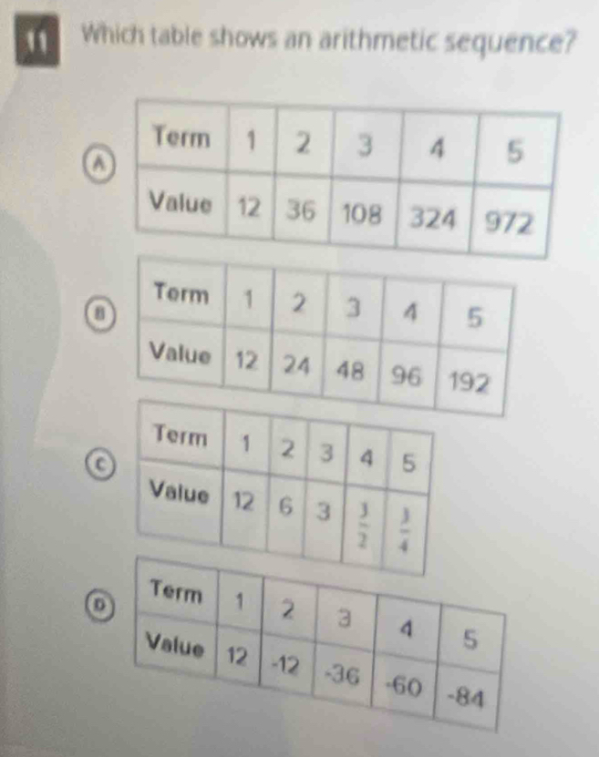 " Which table shows an arithmetic sequence?
o