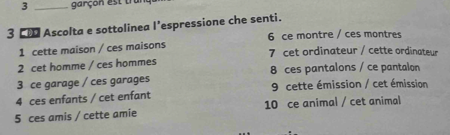 3 _garçon est trunt
3 Ascolta e sottolinea l’espressione che senti.
6 ce montre / ces montres
1 cette maison / ces maisons 7 cet ordinateur / cette ordinateur
2 cet homme / ces hommes
8 ces pantalons / ce pantalon
3 ce garage / ces garages
9 cette émission / cet émission
4 ces enfants / cet enfant
10 ce animal / cet animal
5 ces amis / cette amie