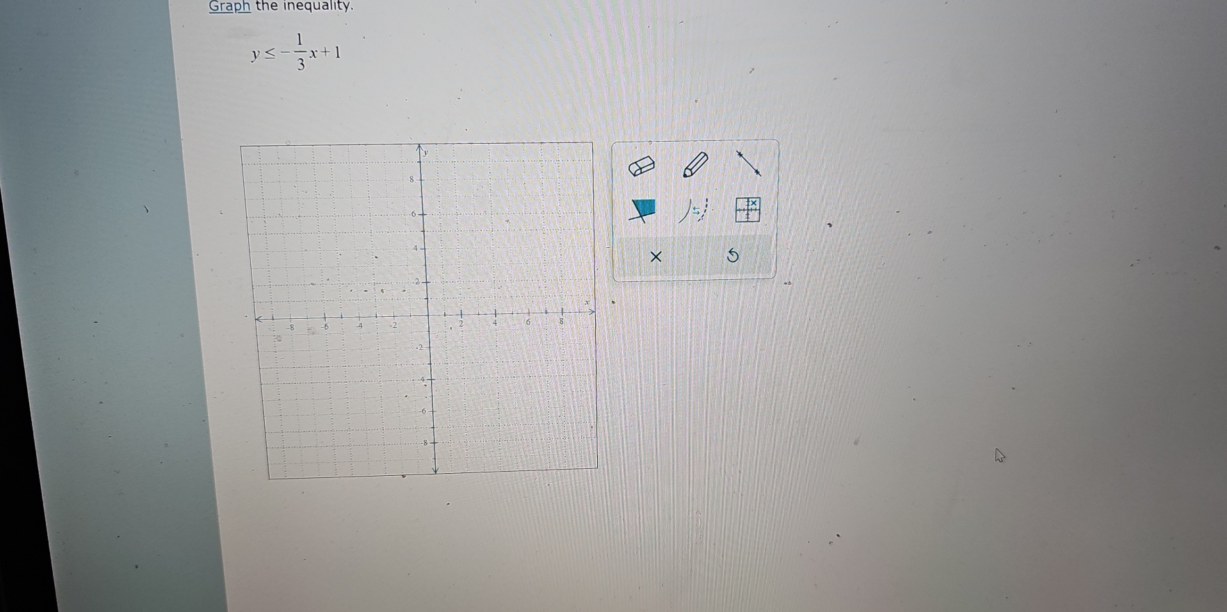 Graph the inequality.
y≤ - 1/3 x+1
×