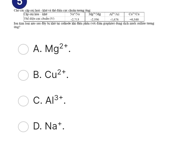 Cho các cặp oxi hoá - khữ và thể điện cực chuân tương ứng:
Ion kim loại nào sau đây bị khử tại cathode khi điện phân (với điện graphite) dung dịch muối sulfate tương
ứng?
A. Mg^(2+).
B. Cu^(2+).
C. Al^(3+).
D. Na^+.