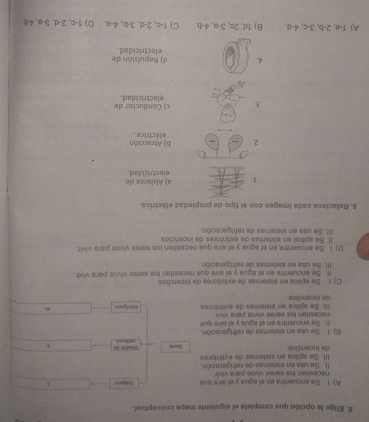 Elige la opción que completa el siguiente mapa conceptual.
A) I. Se encuentra en el agua y el aire que Oxígeno
L
necesitan los seres vivos para vivir.
II. Se usa en sistemas de refrigeración.
III. Se aplica en sistemas de extintores
de incendios. Gases Dióxido de
u.
carbono
B) I. Se usa en sistemas de refrigeración.
II. Se encuentra en el agua y el aire que
necesitan los seres vivos para vivir.
I!I. Se aplica en sistemas de extintores Nitrógeno
m.
de incendios.
C) I. Se aplica en sistemas de extintores de incendios.
II. Se encuentra en el agua y el aire que necesitan los seres vivos para vivir.
III. Se usa en sistemas de refrigeración.
D) I. Se encuentra en el agua y el aire que necesitan los seres vivos para vivir.
II. Se aplica en sistemas de extintores de incendios.
III. Se usa en sistemas de refrigeración.
9. Relaciona cada imagen con el tipo de propiedad eléctrica.
1
a) Aislante de
electricidad.
2b) Atracción
eléctrica.
3.
c) Conductor de
electricidad.
4. d) Repulsión de
electricidad.
A) 1-a, 2-b, 3-c, 4-d. B) 1d, 2c, 3-a, 4-b. C) 1-c, 2-d, 3-b, 4-a. D) 1-c, 2-d, 3-a, 4-b.