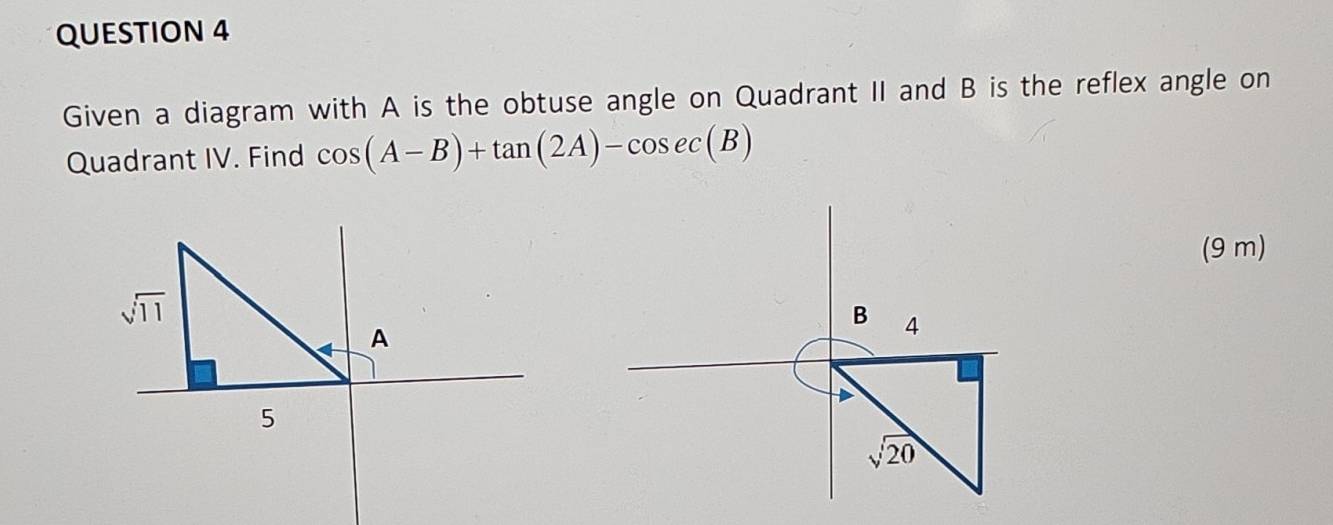 Given a diagram with A is the obtuse angle on Quadrant II and B is the reflex angle on
Quadrant IV. Find cos (A-B)+tan (2A)-cos ec(B)
(9 m)