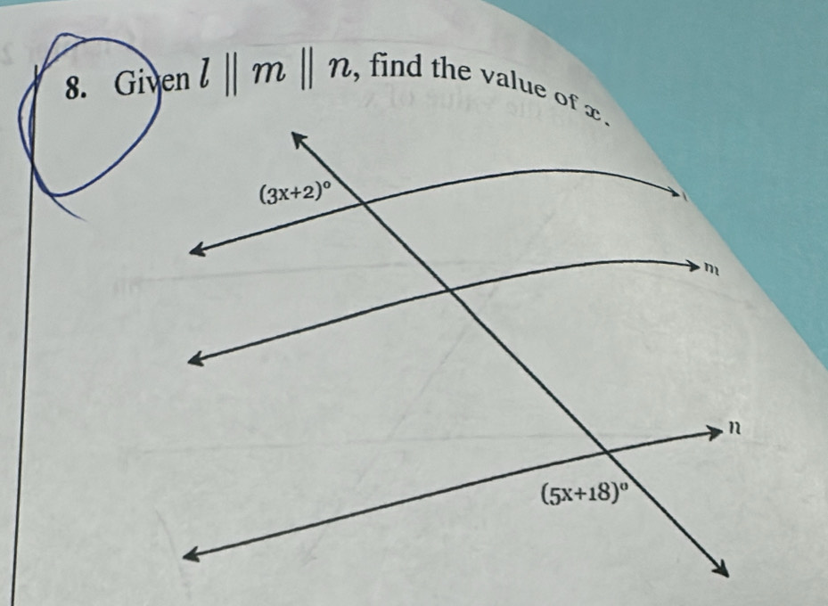 Given l||m||n , find the value of x .