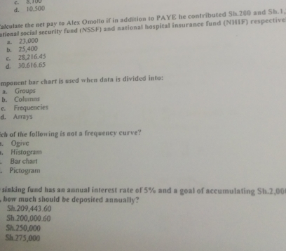 d. 10.500 c. 8,100
alculate the net pay to Alex Omollo if in addition to PAYE he contributed Sh.200 and Sh.1.
ational social security fund (NSSF) and national hospital insurance fund (NHIF) respective
a. 23,000
b. 25,400
c. 28,216.45
d. 30.616.65
mponent bar chart is used when data is divided into:
a. Groups
b. Columns
c. Frequencies
d. Arrays
ich of the following is not a frequency curve?
. Ogive
. Histogram
. Bar chart
. Pictogram
sinking fund has an annual interest rate of 5% and a goal of accumulating Sh.2,00
how much should be deposited annually?
Sh.209,443.60
Sh.200,000.60
Sh.250,000
Sh.275,000