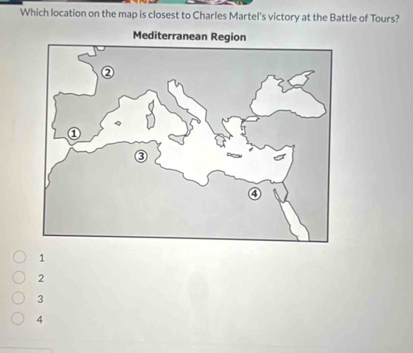 Which location on the map is closest to Charles Martel's victory at the Battle of Tours?
Mediterra
1
2
3
4