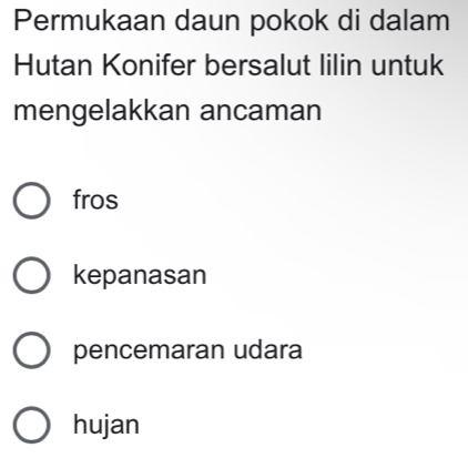 Permukaan daun pokok di dalam
Hutan Konifer bersalut lilin untuk
mengelakkan ancaman
fros
kepanasan
pencemaran udara
hujan