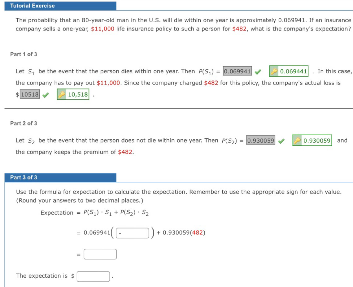 Tutorial Exercise 
The probability that an 80-year-old man in the U.S. will die within one year is approximately 0.069941. If an insurance 
company sells a one-year, $11,000 life insurance policy to such a person for $482, what is the company's expectation? 
Part 1 of 3 
Let S_1 be the event that the person dies within one year. Then P(S_1)= 0.069941 0.069441. In this case, 
the company has to pay out $11,000. Since the company charged $482 for this policy, the company's actual loss is
$ 10518 10,518
Part 2 of 3 
Let S_2 be the event that the person does not die within one year. Then P(S_2)= 0.930059 0.930059 and 
the company keeps the premium of $482. 
Part 3 of 3 
Use the formula for expectation to calculate the expectation. Remember to use the appropriate sign for each value. 
(Round your answers to two decimal places.) 
Expectation =P(S_1)· S_1+P(S_2)· S_2
=0.069941(-)+0.930059(482)
=□
The expectation is $ □.