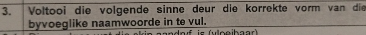 Voltooi die volgende sinne deur die korrekte vorm van die 
byvoeglike naamwoorde in te vul. 
pandryf is (vloeibaar)