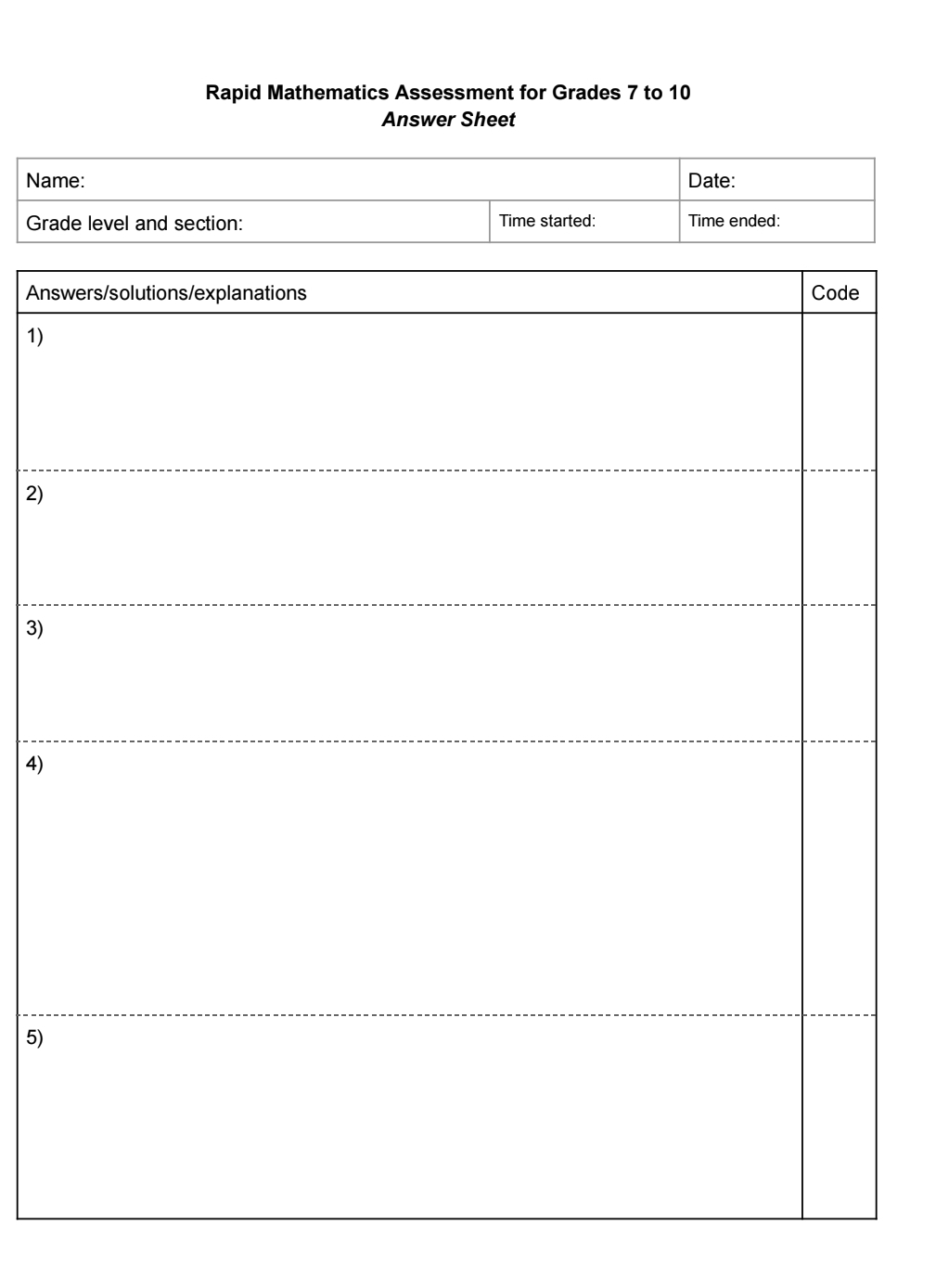 Solved: Rapid Mathematics Assessment for Grades 7 to 10 Answer Sheet ...