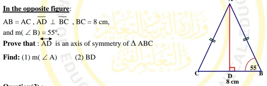 In the opposite figure:
AB=AC, overline AD⊥ overline BC, BC=8cm, 
and m(∠ B)=55°. 
Prove that : overleftrightarrow AD is an axis of symmetry of △ ABC
Find: (1) m(∠ A) (2) BD