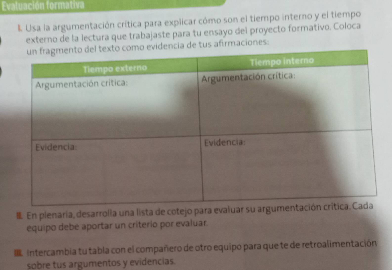 Evaluación formativa 
* Usa la argumentación crítica para explicar cómo son el tiempo interno y el tiempo 
externo de la lectura que trabajaste para tu ensayo del proyecto formativo. Coloca 
de tus afirmaciones: 
En plenaria, desarrolla una lista de cotejo para eval 
equipo debe aportar un criterio por evaluar. 
m Intercambia tu tabla con el compañero de otro equipo para que te de retroalimentación 
sobre tus argumentos y evidencias.