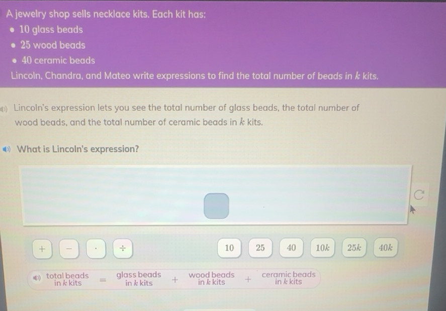 Solved: A jewelry shop sells necklace kits. Each kit has: 10 glass ...