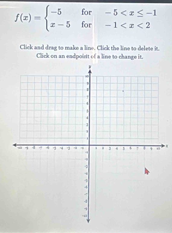 f(x)=beginarrayl -5for-5
Click and drag to make a line. Click the line to delete it. 
Click on an endpoint of a line to change it.