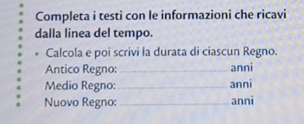 Completa i testi con le informazioni che ricavi 
dalla linea del tempo. 
Calcola e poi scrivi la durata di ciascun Regno. 
Antico Regno: _anni 
Medio Regno: _anni 
Nuovo Regno: _anni