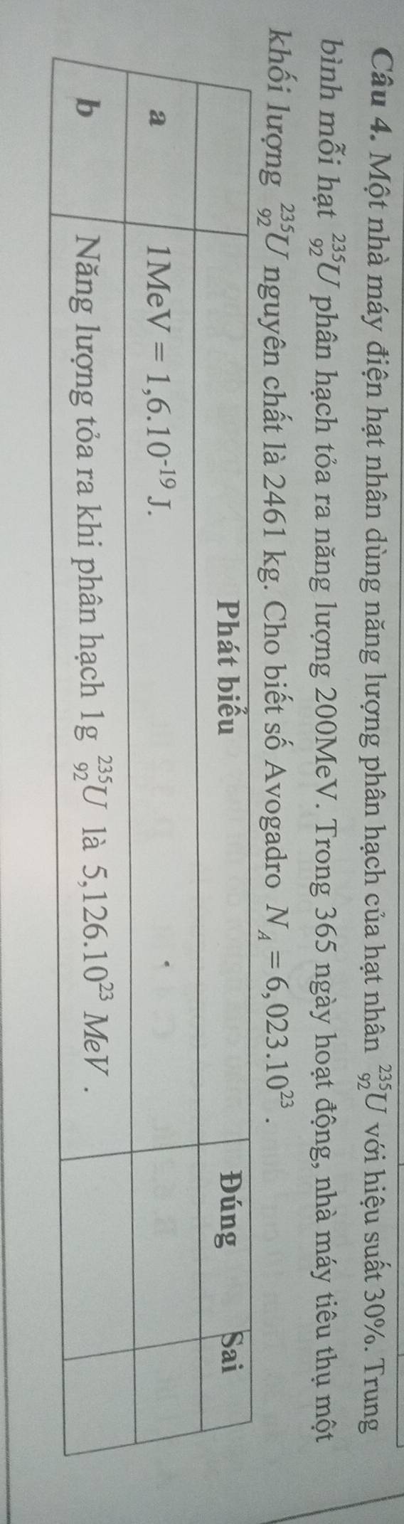Một nhà máy điện hạt nhân dùng năng lượng phân hạch của hạt nhân _(92)^(235)U với hiệu suất 30%. Trung
bình mỗi hạt _(92)^(235)U phân hạch tỏa ra năng lượng 200MeV. Trong 365 ngày hoạt động, nhà máy tiêu thụ một
khối lượng beginarrayr 235 92endarray U nguyên chất là 2461 kg. Cho biết số Avogadro N_A=6,023.10^(23).