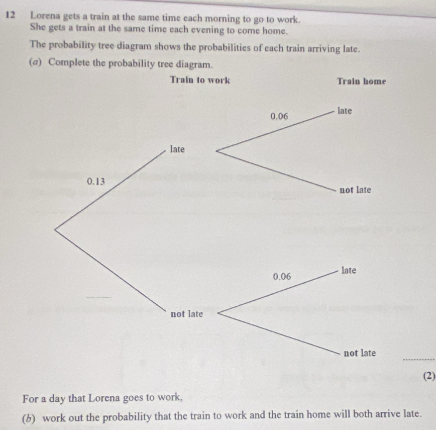 Lorena gets a train at the same time each morning to go to work. 
She gets a train at the same time each evening to come home. 
The probability tree diagram shows the probabilities of each train arriving late. 
(α) Complete the probability tree diagram. 
Train to work Train home
0.06 late 
late
0.13
not late
0.06 late 
not late 
_ 
not late 
(2) 
For a day that Lorena goes to work, 
(b) work out the probability that the train to work and the train home will both arrive late.