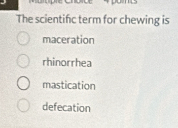 The scientifc term for chewing is
maceration
rhinorrhea
mastication
defecation