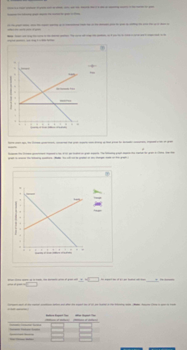 Ce ts micer pnahase on piet wath on wleed war ent has dacene te a t dao an epuartnd aary in hs mrtd for gra 
Haterne fhe rtnesa graín desom te tarte fe goio es Dima 
) the graph opie), wne the sopers eparing ip to rsadour ma had is the domane poce for goen by staing the wte te vo or deanis 
Sees Soien wat ary the come t he dened pedlen. The cyve all te mo pason, on F are l to cne acoe ad i wepbae io to 
argted gomns, jot dreg i a tite farmen 
Rama year apo. the Chnwen gonerent, conueeat tha prots esperts ware eraing up had prices for demear consament, imposed a fou son gran 
no0s 
Rupnmn the Chmane govammant vepened a tws vf 6l pan bealrel on gran esports. The fobaling gragh deplite the manae for gra in Chin. Shee thin 
gra ts enoker the isteaing aoentiore Taker the wnh not be graded on wty changs made on the greph 
shen Cisms speme ap tn ltade, the Sswets pren of gran wl x=□ =□ . An export too of $1 par bustal wih than ( Esmeets 
srter of gran h □
Compare eact of the nurker cosltoes before and after ths export ton of 61 jor lushal it the traiokding robl. (Mew, Aosme Chira is span to Irsus 
do Bs mnárin )