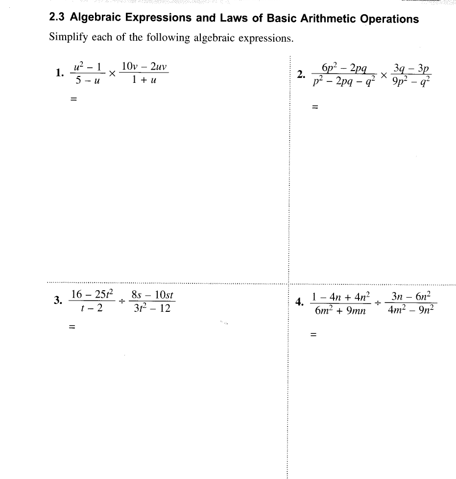 2.3 Algebraic Expressions and Laws of Basic Arithmetic Operations