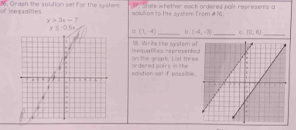 Graph the solution set for the system 17. State whether each ordered pair represents a 
of inequalities. solution to the system from #16.
y>3x-7
y≤ -0.5x
σ. (1,-4) _ b. (-4,-3) _C. (0,6) _ 
18. Write the system of 
inequalities represente 
on the graph. List three 
ardered pairs in the 
solution set if possible.