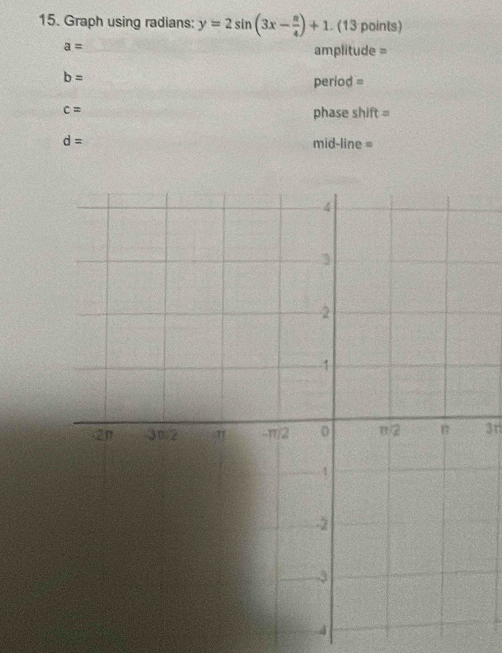 Solved: Graph using radians: y=2sin (3x- π /4 )+1. (13 points) a ...