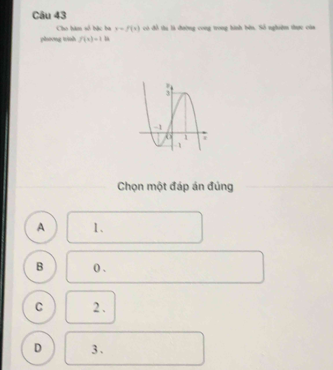 Cho hàm số bậc ba y=f(x) có đồ thị là đường cong trong hình bên. Số nghiệm thực của
plarong trinh f(x)=1N
Chọn một đáp án đúng
A
1、
B 0 、
C 2.
D 3 、