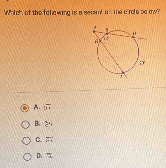 Which of the following is a secant on the circle below?
A. widehat UT
B. widehat SU
C. overleftrightarrow RT
D. overline SU