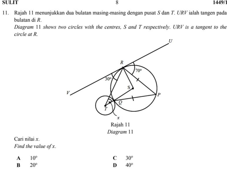 SULIT 8 1449/1
11. Rajah 11 menunjukkan dua bulatan masing-masing dengan pusat S dan T. URV ialah tangen pada
bulatan di R.
Diagram 11 shows two circles with the centres, S and T respectively. URV is a tangent to the
circle at R.
Rajah 11
Diagram 11
Cari nilai x.
Find the value of x.
A 10°
C 30°
B 20°
D 40°