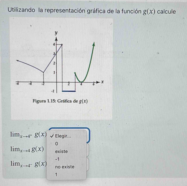 Utilizando la representación gráfica de la función g(x) calcule
lim_xto 4^+g(x) √ Elegir...
0
lim_xto 4g(x) existe
-1
lim_xto 4^-g(x) no existe
1