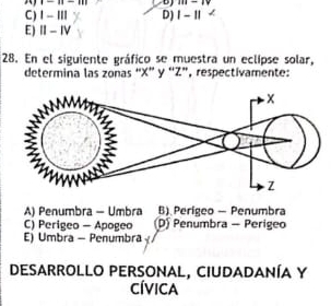 endvmatrix -|1| B 111-19
C) 1-111 D) |-1| □
E) II-IV 
28. En el siguiente gráfico se muestra un eclipse solar,
determina las zonas “ X ” y “ Z ”, respectivamente:
A) Penumbra - Umbra B) Perígeo — Penumbra
C) Perigeo - Apogeo D Penumbra - Perigeo
E) Umbra - Penumbra
DesarrolLO PERSONAL, CIUDADANÍA Y
cívica