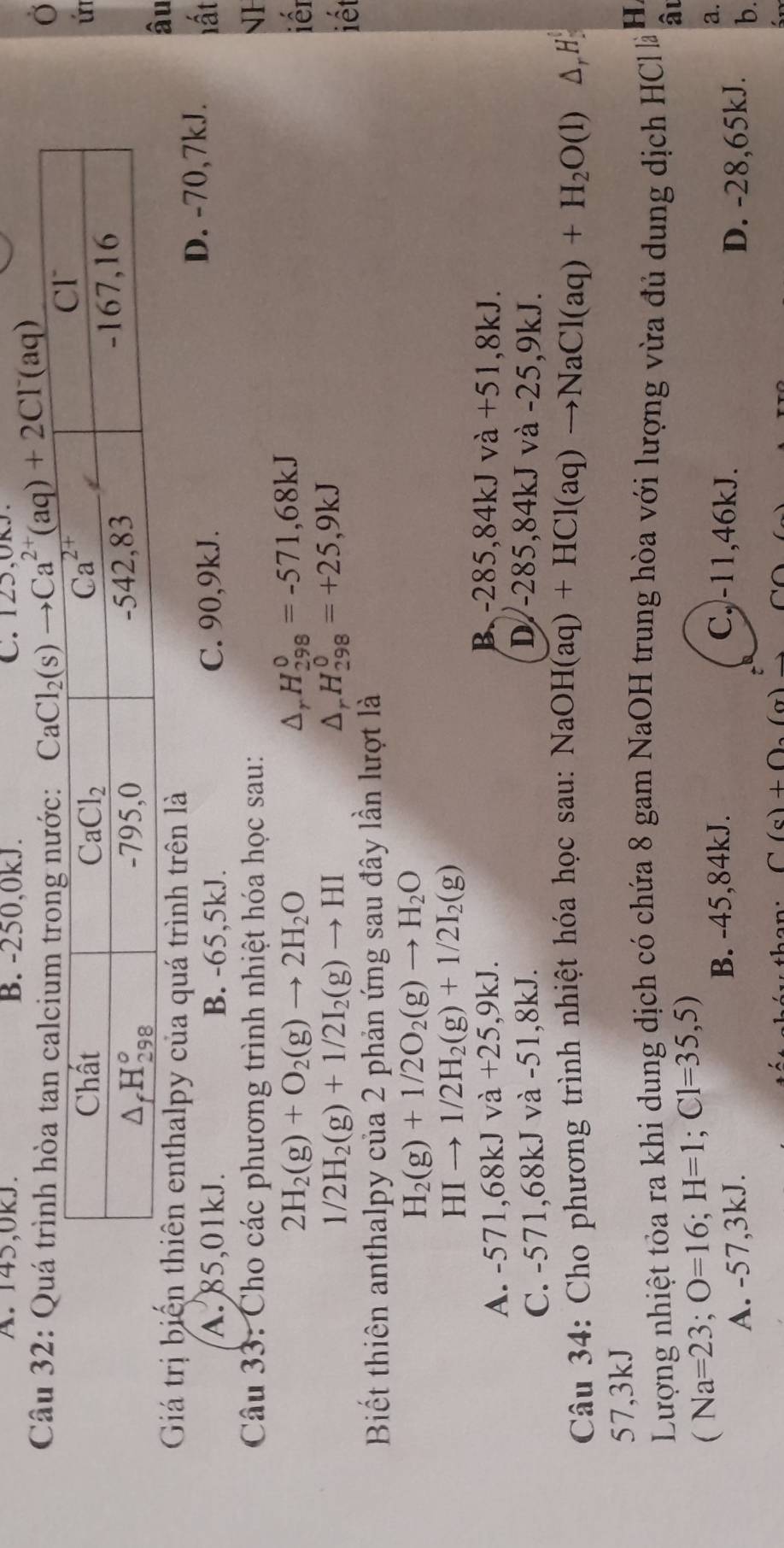 A.  145,0kJ. B. -250,0kJ. C.  125,0k 5.
Ở
Câu 32: 
ú
Giá trị biển thiên enthalpy của quá trình trên là
âu
A. 85,01kJ. B. -65,5kJ. C. 90,9kJ. D. -70,7kJ. lất
Câu 33: Cho các phương trình nhiệt hóa học sau: NH
Dr H_(298)^0=-571,68kJ
2H_2(g)+O_2(g)to 2H_2O iến
1/2H_2(g)+1/2I_2(g)to HI
Δ, H_(298)^0=+25,9kJ
iết
Biết thiên anthalpy của 2 phản ứng sau đây lần lượt là
H_2(g)+1/2O_2(g)to H_2O
HIto 1/2H_2(g)+1/2I_2(g)
A. -571,68kJva+25,9kJ.
B. -285,84kJ và +51,8kJ.
C. -571,68kJ và -51,8kJ. D. -285,84kJ và -25,9kJ.
Câu 34: Cho phương trình nhiệt hóa học sau: NaOH(aq)+HCl(aq)to NaCl(aq)+H_2O(l) 1- H
57,3kJ
Lượng nhiệt tỏa ra khi dung dịch có chứa 8 gam NaOH trung hòa với lượng vừa đủ dung dịch HC à H
(Na=23;O=16;H=1;Cl=35,5)
âι
B. -45,84kJ. C. -11,46kJ.
a.
A. -57,3kJ. D. -28,65kJ. b.
C(c)+O_2(sigma )