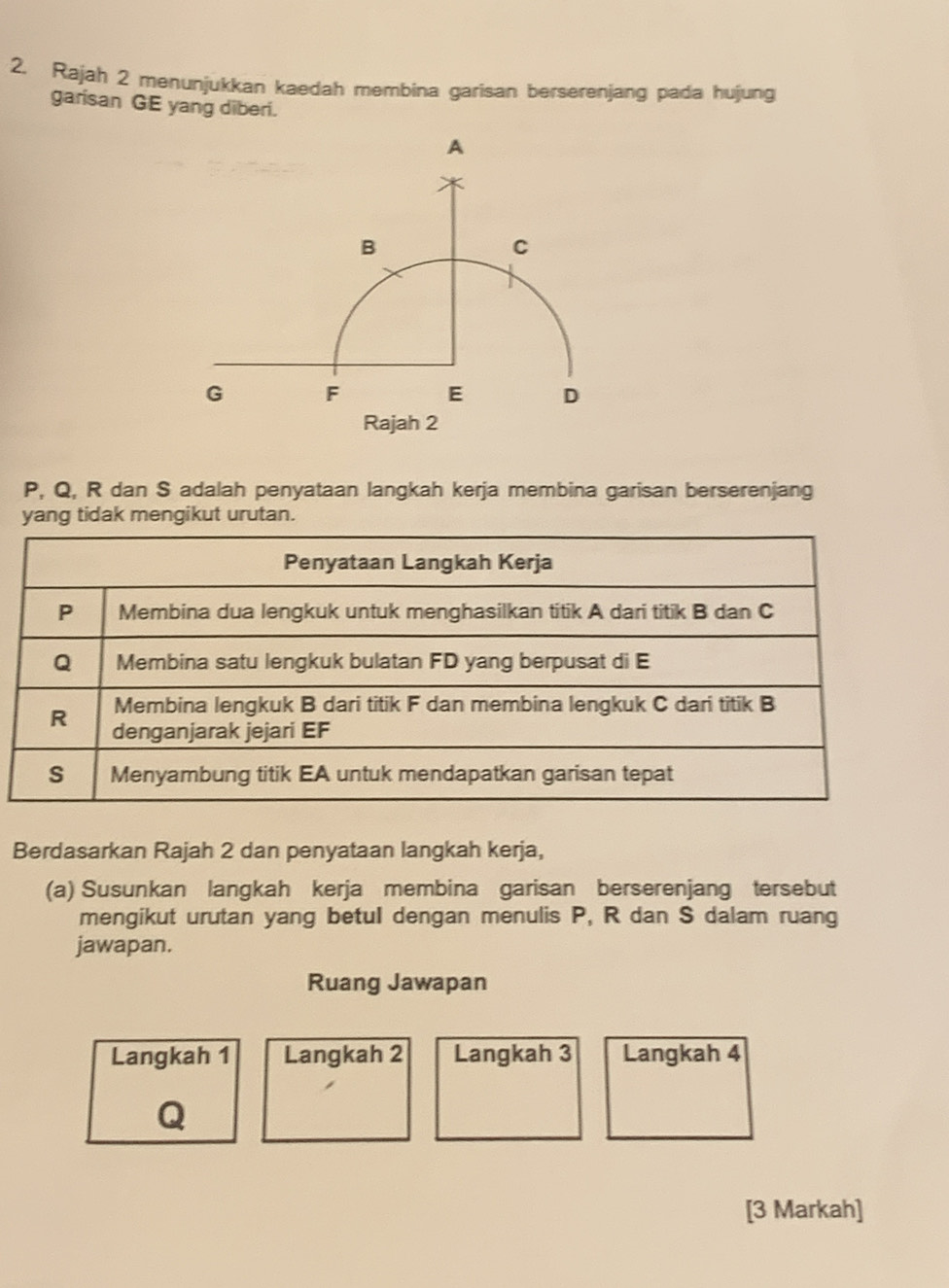 Rajah 2 menunjukkan kaedah membina garisan berserenjang pada hujung 
garisan GE yang diberi.
P, Q, R dan S adalah penyataan langkah kerja membina garisan berserenjang 
yang tidak mengikut urutan. 
Berdasarkan Rajah 2 dan penyataan langkah kerja, 
(a) Susunkan langkah kerja membina garisan berserenjang tersebut 
mengikut urutan yang betul dengan menulis P, R dan S dalam ruang 
jawapan. 
Ruang Jawapan 
Langkah 1 Langkah 2 Langkah 3 Langkah 4
Q
[3 Markah]