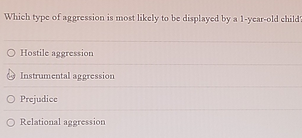 Solved: Which type of aggression is most likely to be displayed by a 1 ...