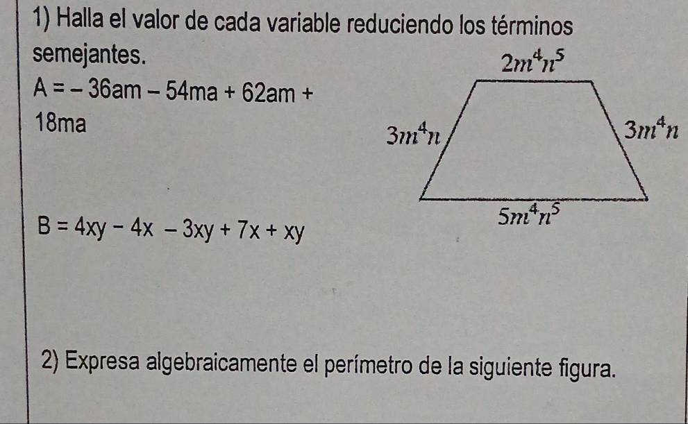 Halla el valor de cada variable reduciendo los términos
semejantes.
A=-36am-54ma+62am+
18ma
B=4xy-4x-3xy+7x+xy
2) Expresa algebraicamente el perímetro de la siguiente figura.